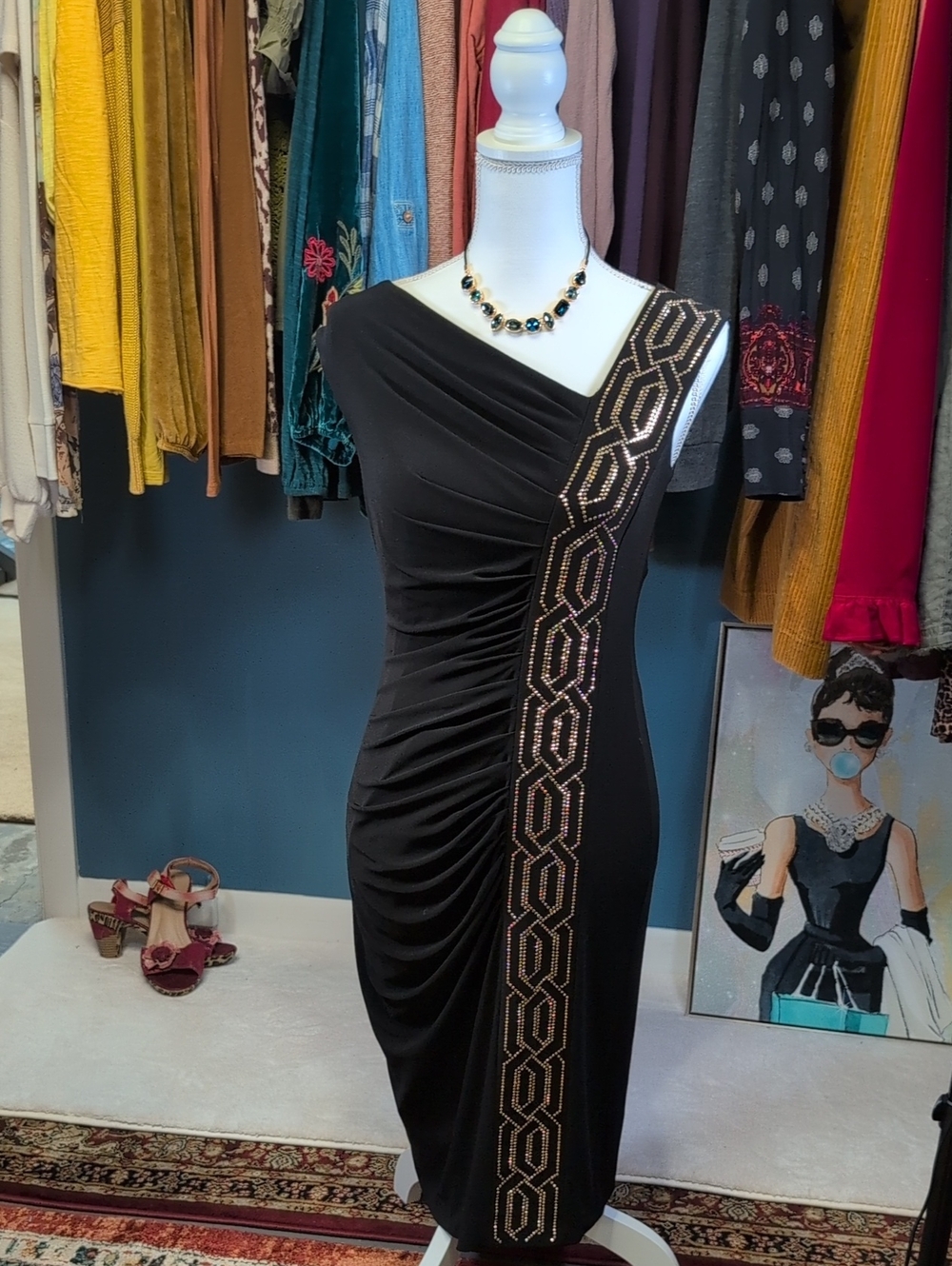 Joseph Ribkoff Black One-Shoulder Ruched Dress with Gold Beaded Stripe